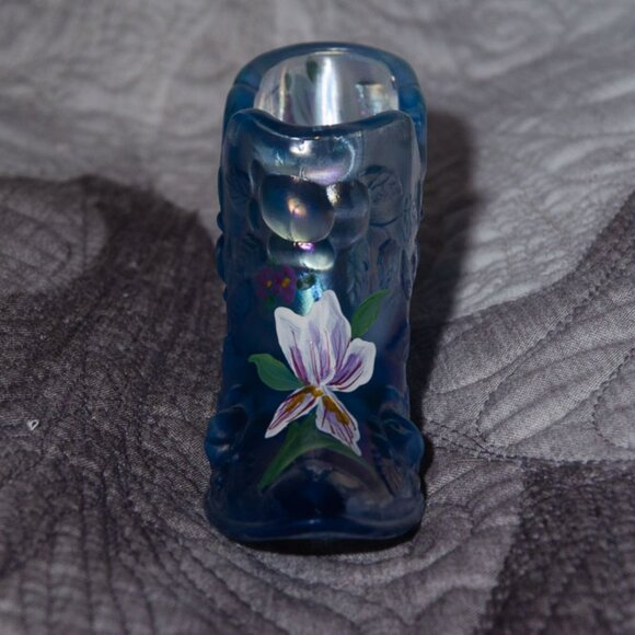 Signed Hand Painted Fenton Blue Carnival Glass Boot - Picture 2 of 5